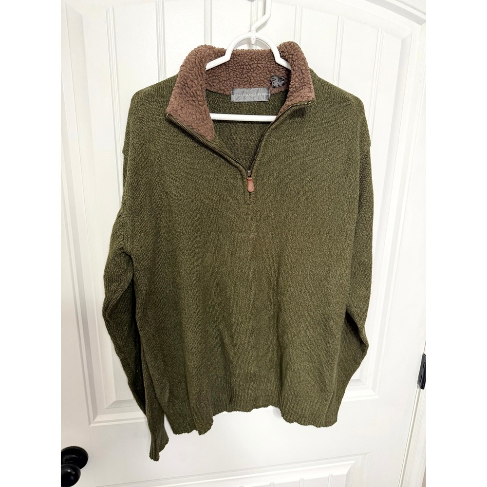 Oscar de la Renta Quarter Zip Sweater Mens Large Green Sherpa Collar Pullover